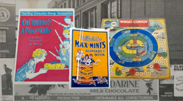 Three colourful advertisements, including a board game, photoshopped on a black and white background