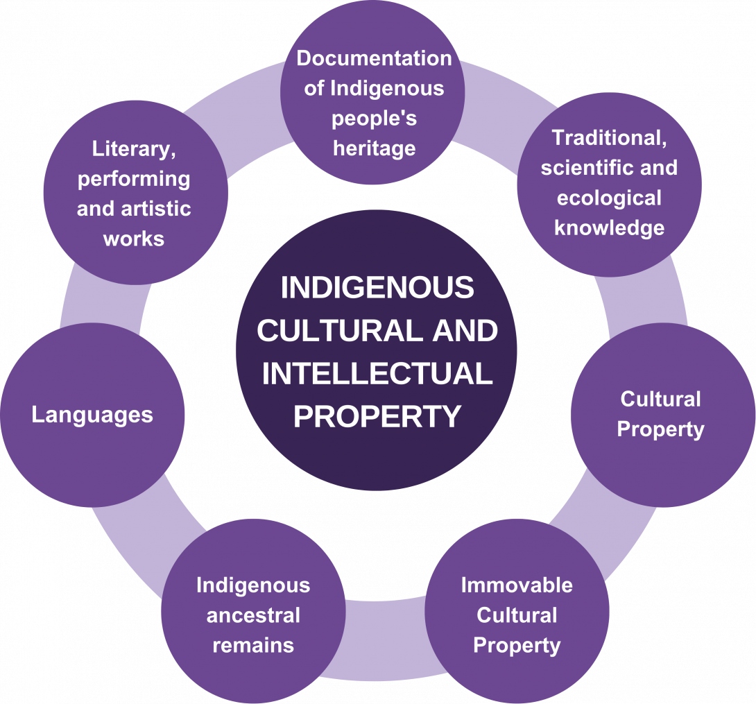 Chart with bold text in the middle and smaller text in surrounding circles.The text in the centre reads 'Indigenous Cultural and Intellectual Property'. The text surrounding, in clockwise order, reads 'Documentation of Indigenous people's heritage', 'Traditional, scientific and ecological knowledge', 'Cultural Property', 'Immovable Cultural Property', 'Indigenous ancestral remains', 'Languages' and 'Literary, performing and artistic works'.