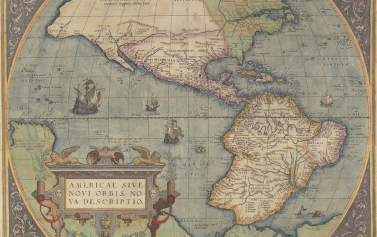 An old map that shows North and South America, with the text on the map all written in latin.