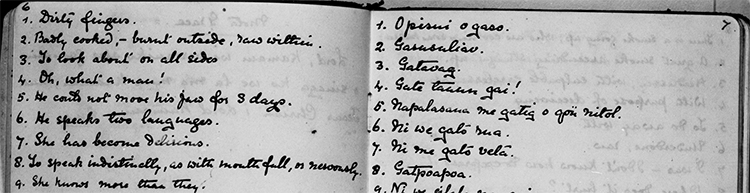Extract from notebook kept by Florence E Coombe containing translations of Mota phrases from Records of Melanesian Mission