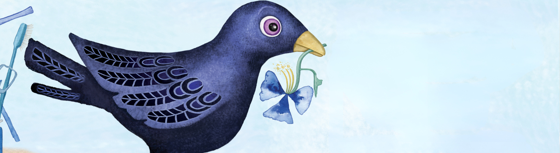 Dark blue bowerbird holding a blue flower in its beak