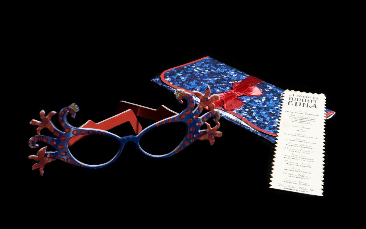 selected ephemera items from Dame Edna, glasses, case and play bill