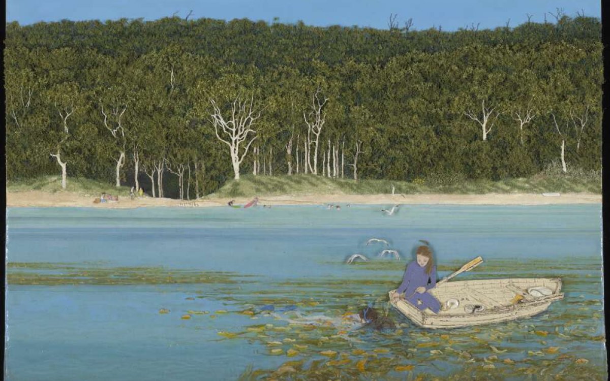 Image of a Girl in row boat on tree lined Fortescue Bay.
