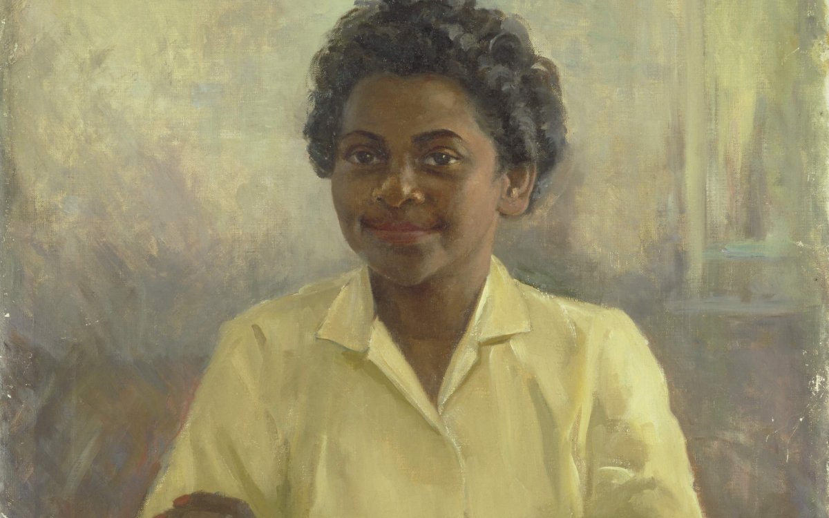 painting of young indigenous woman in yellow shirt
