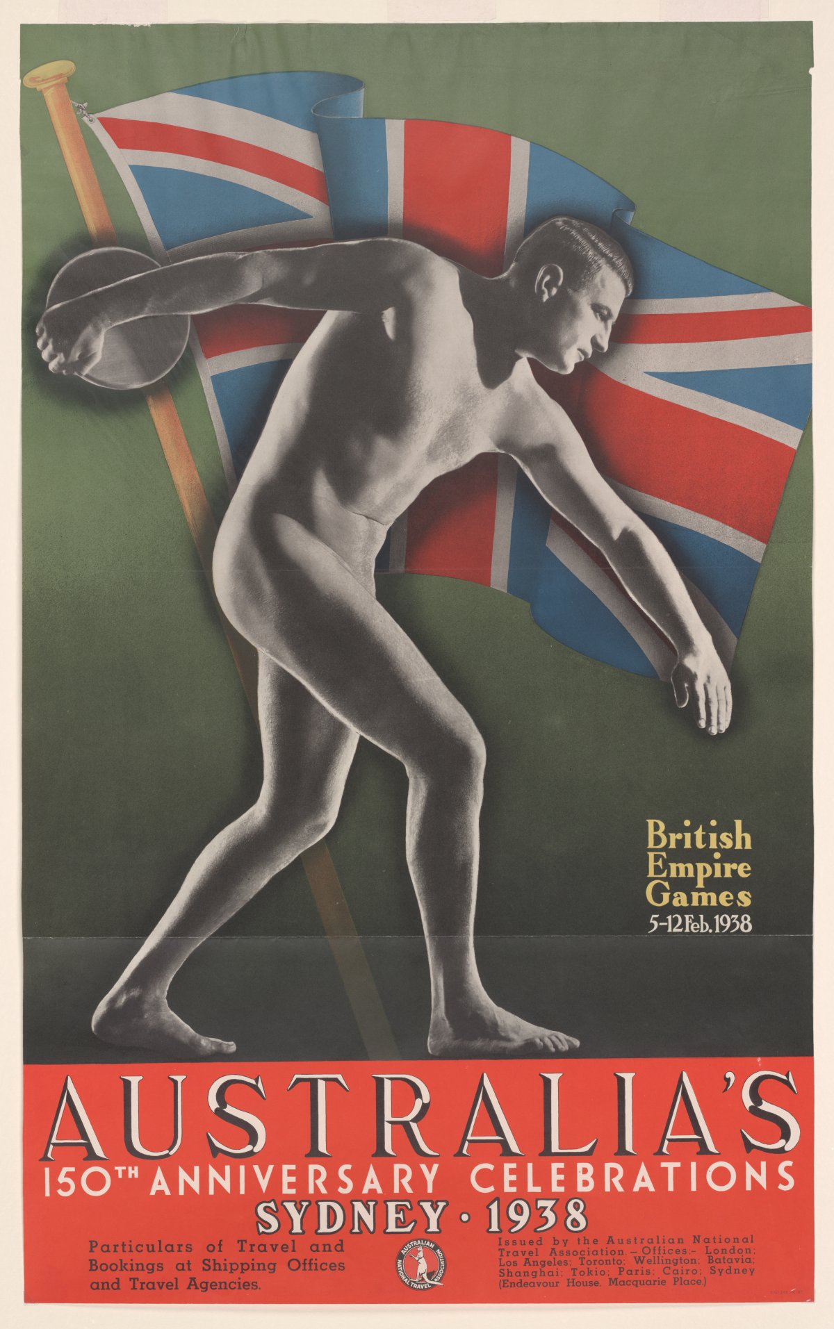 A large poster showing a naked man preparing to throw a discuss. Behind him is a Union Jack on a green background. There is a red strip along the bottom of the page with the words "Australia's 150th Anniversary Celebrations. Sydney 1938". In smaller writing next to the man is text saying "British Empire Games 5 to 12 Feb 1938