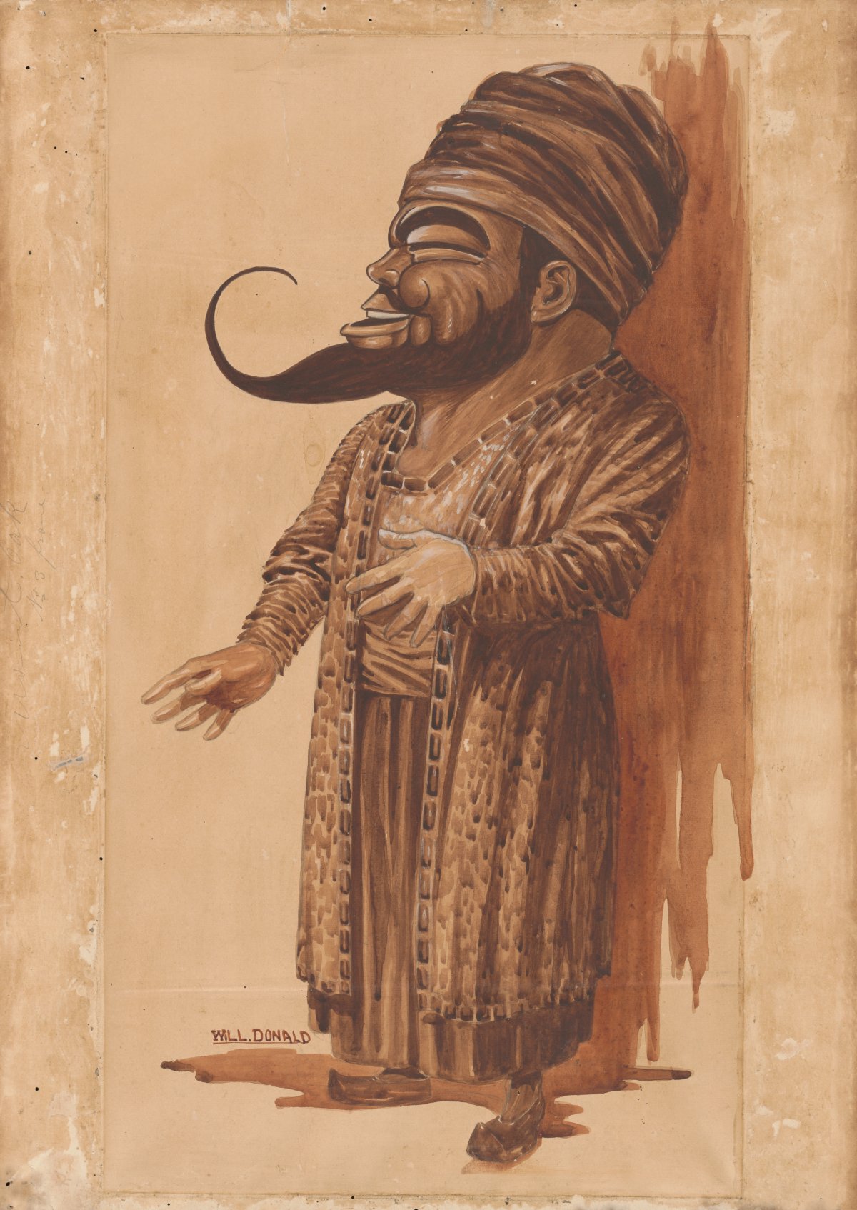 A caricature sketch of a man with a long pointy beard. He has an unusually large head and a small body. He is laughing. He is wearing a turban and a robe and slippers.