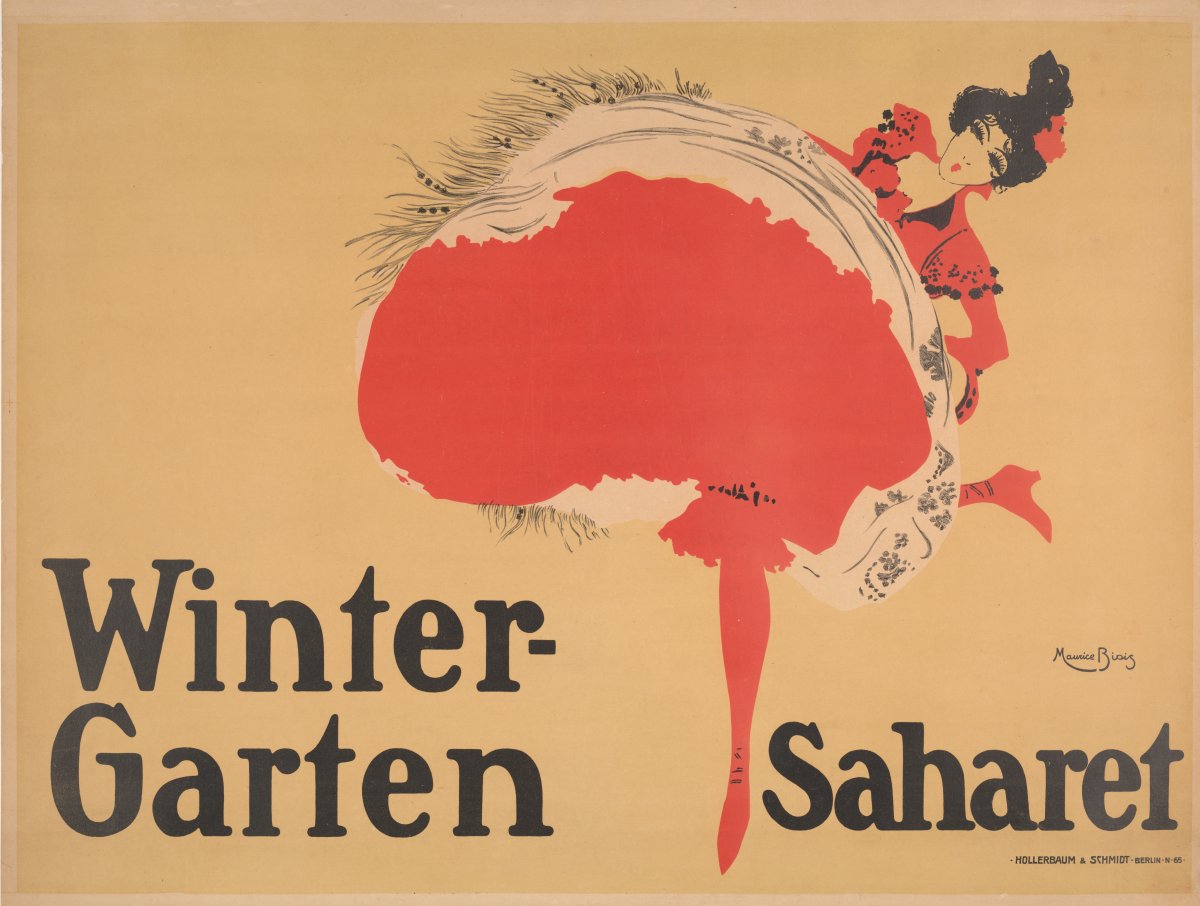 A poster advertising dancer Saharet, who will be performing at the Winter-Garten. The poster is taken up by a woman dancing in a large red dress, red shoes and red stockings. She has black hair in a bun with a red flower in it.