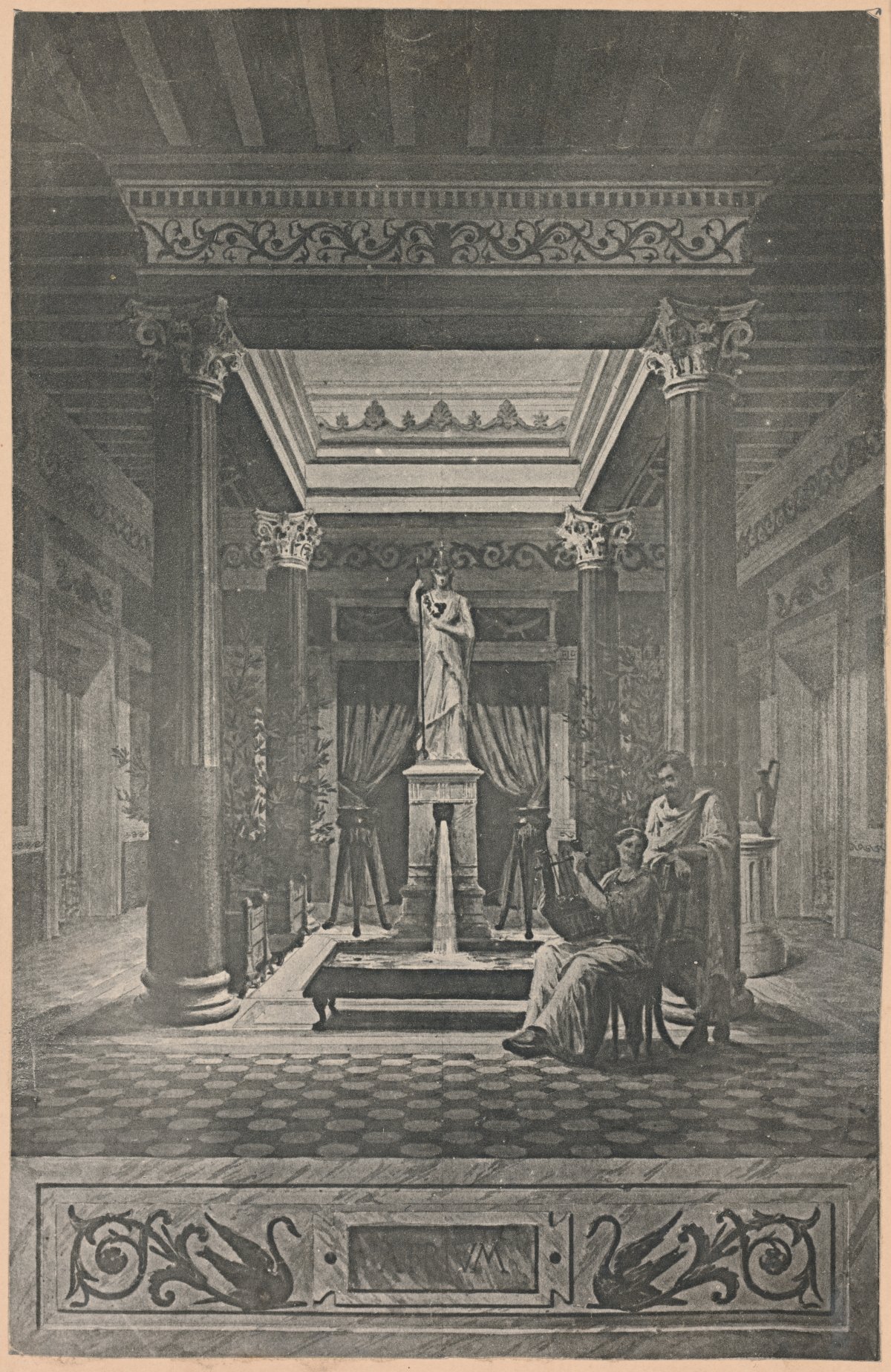 A print showing the interior of a wealthy Roman villa. There is a large statue in an atrium. A man and a woman sit near to the state. The woman is playing a lyre.