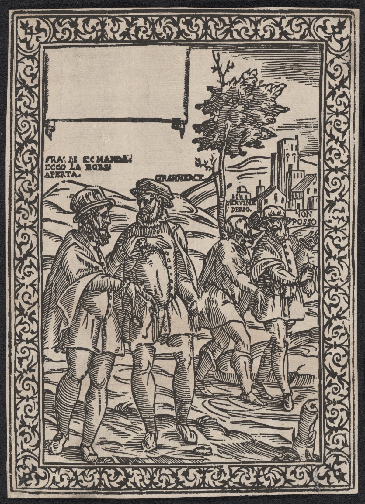 A woodblock print of four men walking across a field in front of a church
