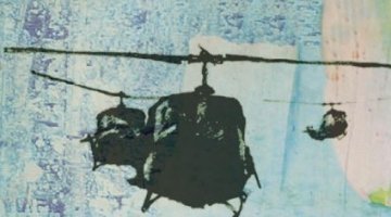 An image of two helicopters on a blue watercolour style background