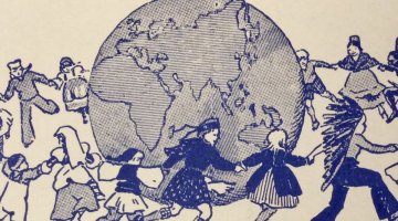 A drawing of children holding hands and running in a circle around a globe.