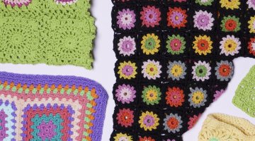 A flat lay of several colourful crocheted items.