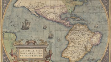 An old map that shows North and South America, with the text on the map all written in latin.