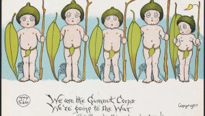 Five figures depicted on postcard with captioned rhyme.
