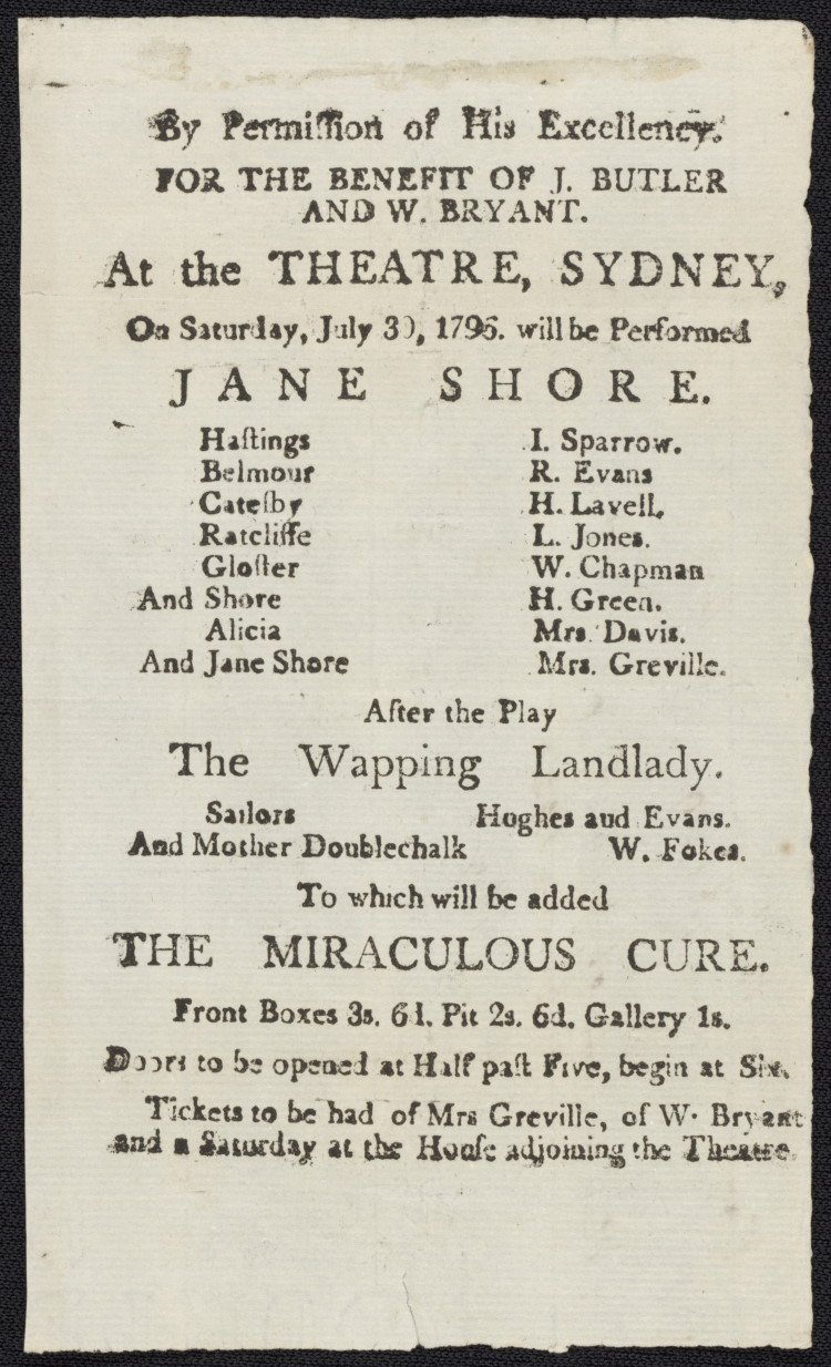 Theatre playbill advertising convict actors in a theatrical performance at the Sydney Theatre, 30 July 1796