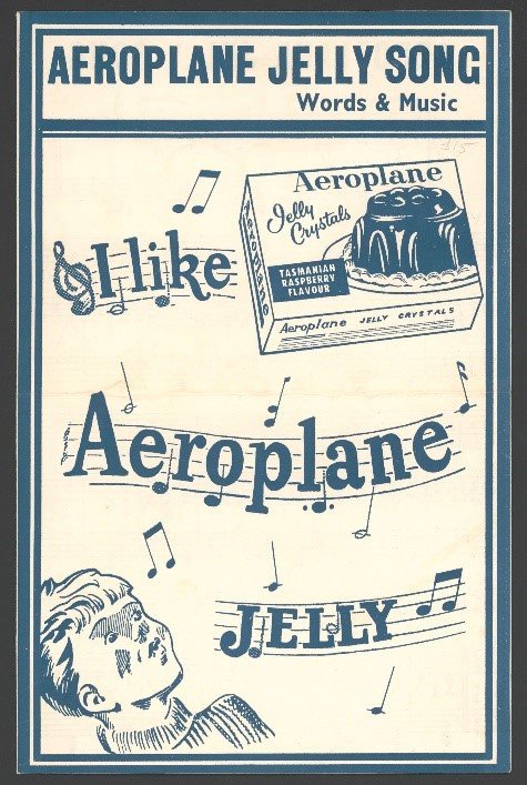 Sheet music illustration featuring box of Aeroplane Jelly