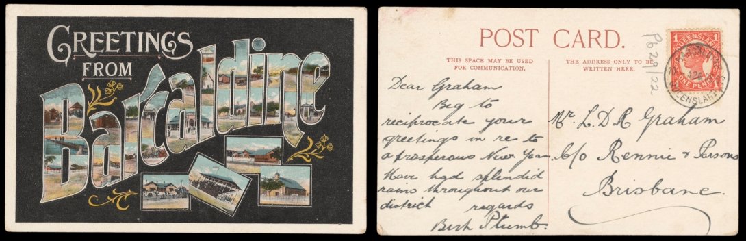 Front and back of an old postcard. On the front is the text 'Greetings from Barcaldine' with illustrations from around the town. On the back is a message wishing the recipient a prosperous new year.