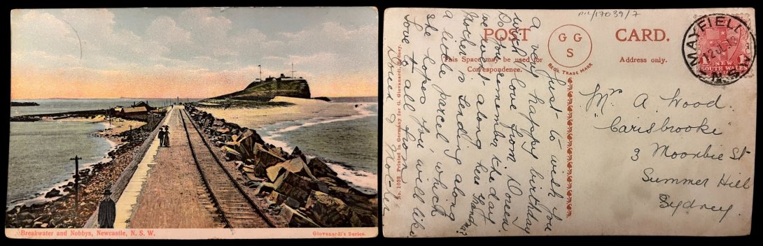 Front and back of an old postcard. On the front is an image of a couple walking along a pier extending into the sea. On the back is a birthday message for 'Grandma'