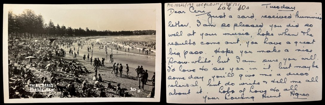 Front and back of an old postcard. On the front is a black and white photo of crowds at Ocean Beach in Manly. On the back is a long message from an aunt to her neice.