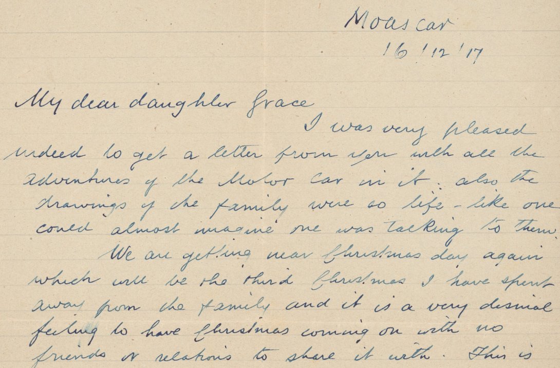 Beginning of a handwritten letter. On the top right is the location (Moascar) and date (16 December 1917). The letter begins 'My Dear daughter Grace'