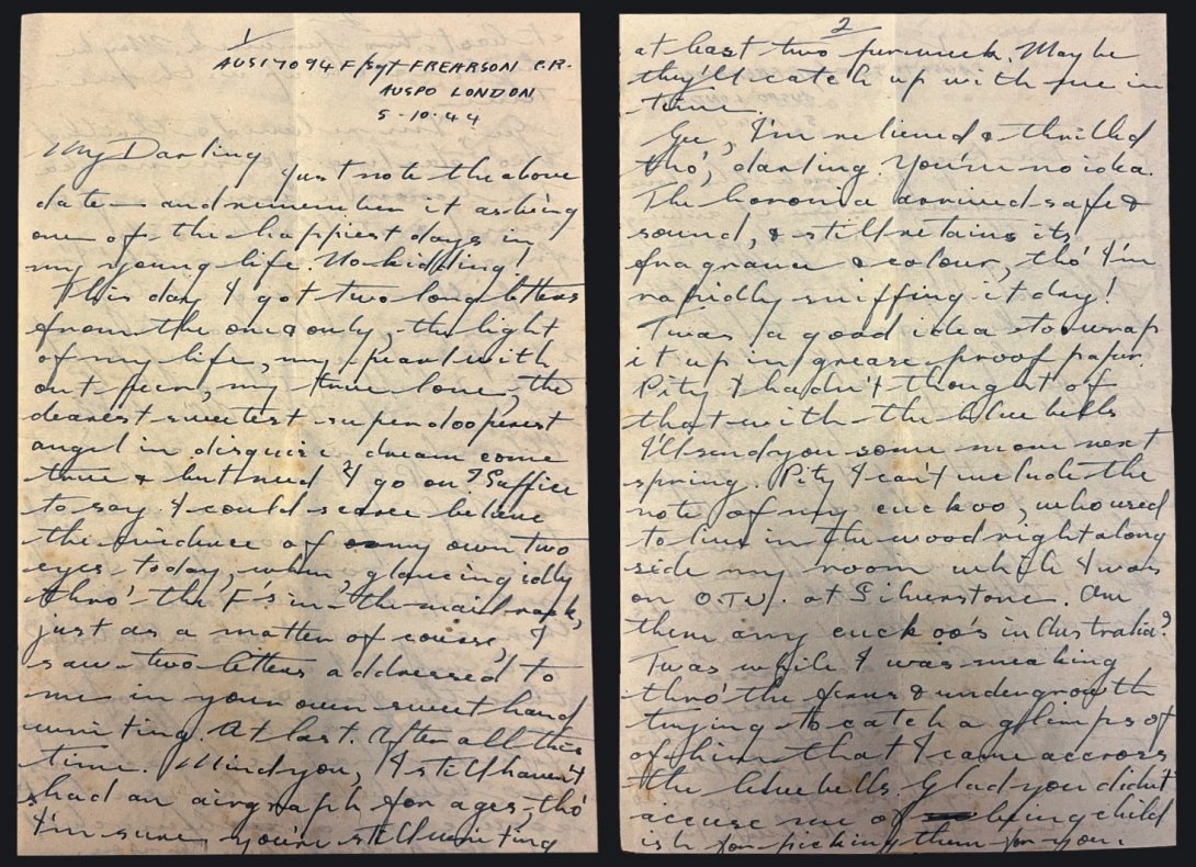 First and second pages of a handwritten letter on thin paper. The writing is in cursive and there are no paragraph breaks