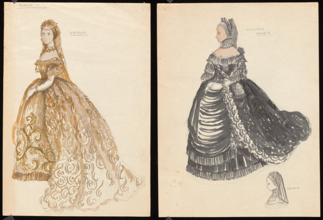 Two designs for ballgowns, one gold and one black