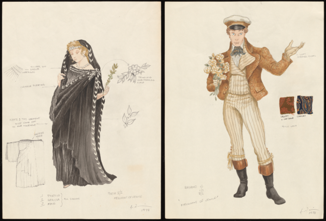Two costume designs with annotations. On the left, a woman in a black dress with a hood and lots of draping material. On the left, a man in white pants, an orange jacket, a cap and black boots 