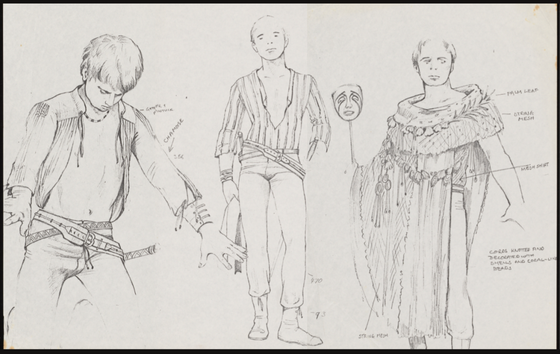 Three costume sketches for men. On the left, a close look at a jacket with no shirt underneath, in the middle a shirt with a deep 'v' and on the right robes with vines