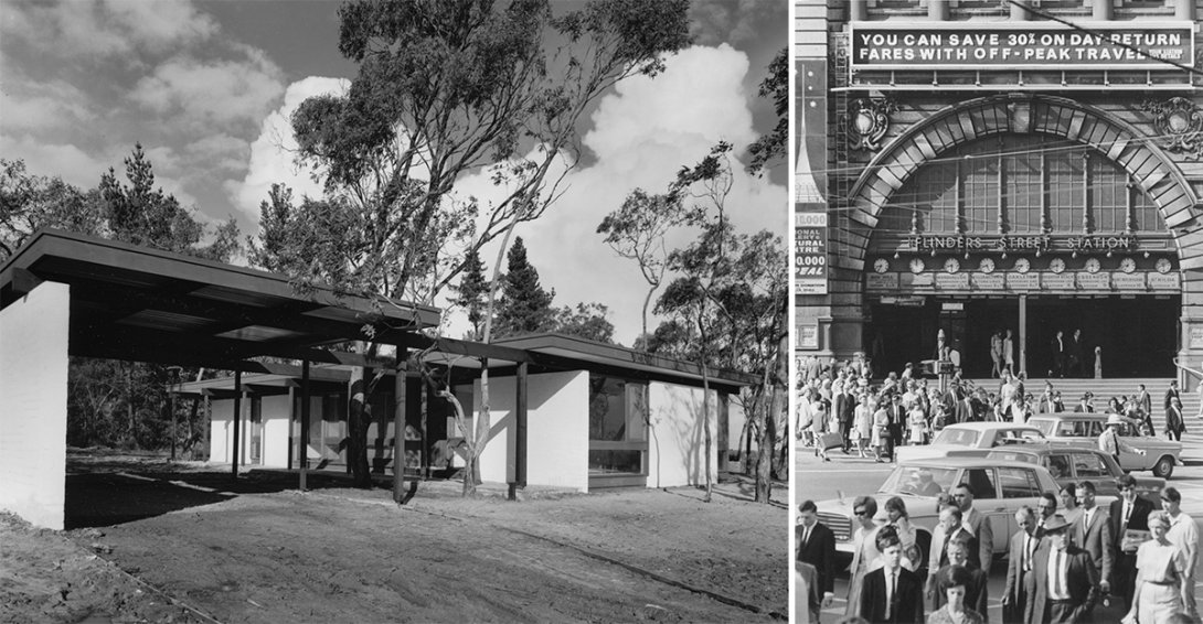 First house at Glen Waverley, Victoria, 1968 and Intersection of Swanston and Flinders Street, Flinders Street Station, Melbourne, 1964