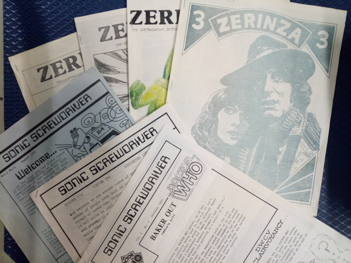 Fanzines "Zerinza: the Australasian Doctor Who fanzine" and "Sonic Screwdriver"