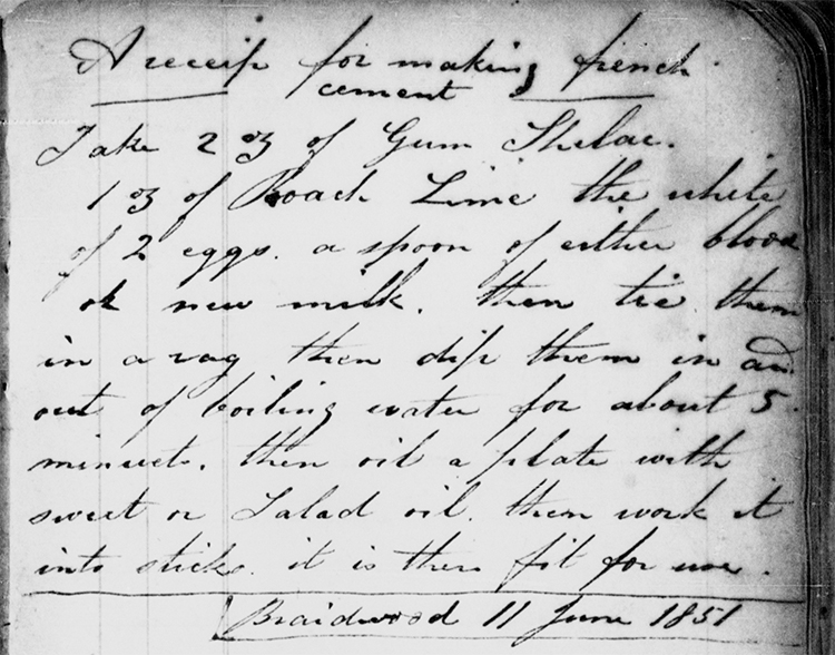 Recipe for making French cement, Braidwood June 1851 from Memorandum book kept by George Kershaw in England and New South Wales, Papers of George Kershaw, 