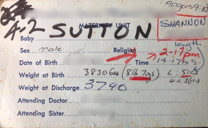 Card showing time of birth as 2.17pm