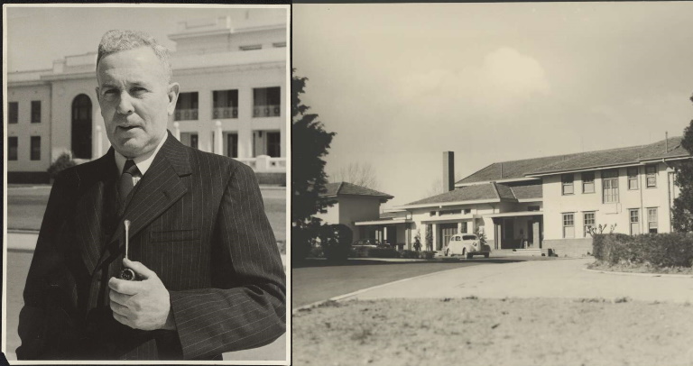 (1948). Portrait of J. B. Chifley [standing at the front of Old Parliament House, Canberra] http://nla.gov.au/nla.obj-136655347 and Searle, E. W. (1941). Front entrance of the Hotel Kurrajong, National Circuit, Canberra, ca. 1949 http://nla.gov.au/nla.obj-142011109