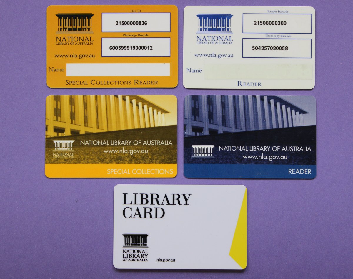 Different versions of the National Library card displayed on a purple background