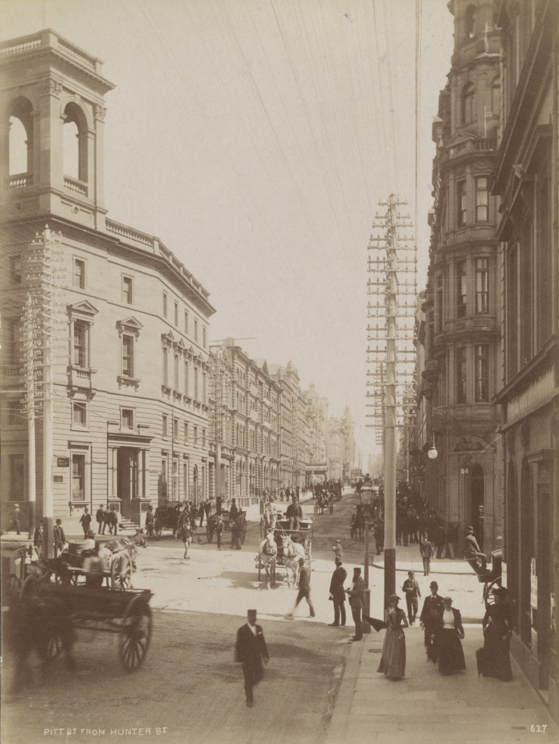 Pitt Street from Hunter Street, Sydney, New South Wales, ca. 1880