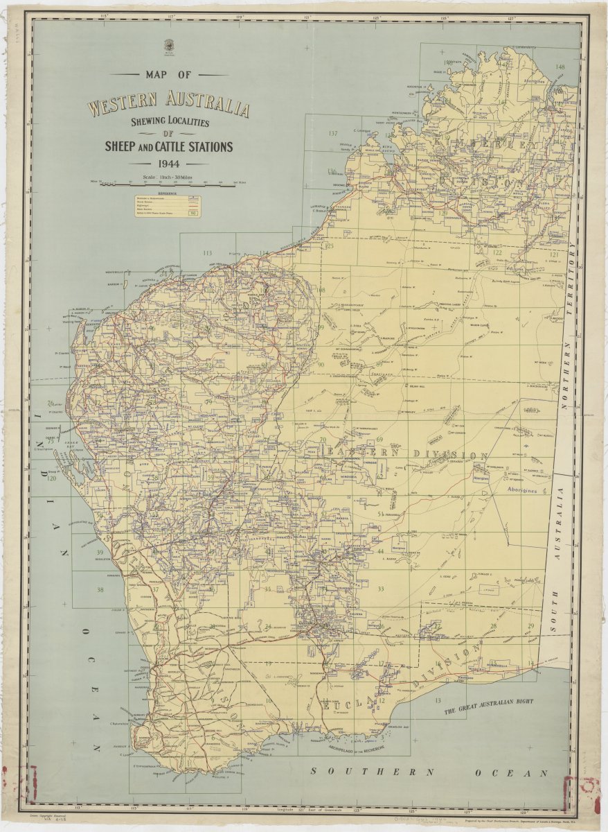 Western Australia. Department of Lands and Surveys. Chief Draughtsman's Branch & Western Australia. Department of Lands and Surveys. (1944). Map of Western Australia shewing localities of sheep and cattle stations 1944 http://nla.gov.au/nla.obj-1282170174
