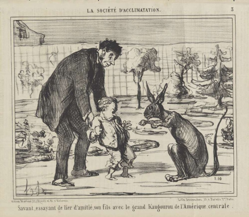 Drawing of a man and child with a scary looking kangaroo