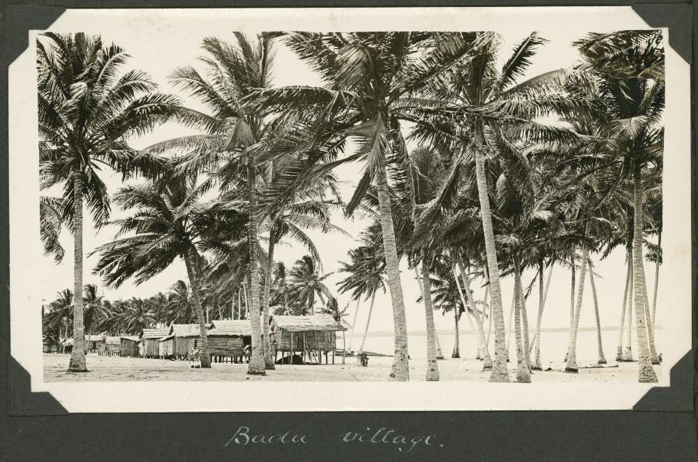 The village seen through the palms, Badu Island, Queensland, ca. 1928