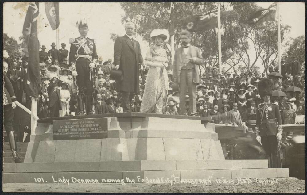 Howard and Shearsby. (1913). Lady Denman naming the Federal city 'Canberra', 12 March, 1913 http://nla.gov.au/nla.obj-153091415