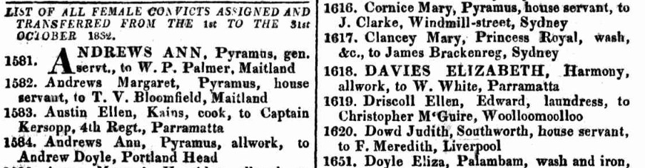 "List of all female convicts assigned and transferred from the 1st to the 31st of October 1832" New South Wales Government Gazette