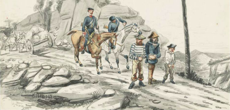 Watercolour prisoners under escort (1850)