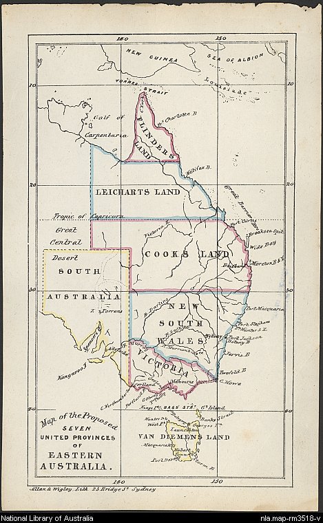 Map of the proposed seven united provinces of eastern Australia