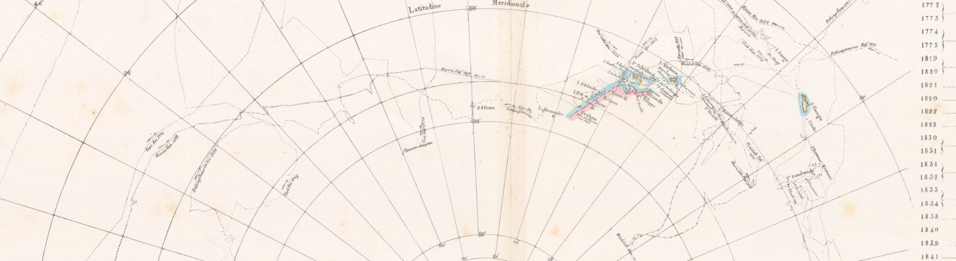 Detail of an old map of Antarctica from 1842.