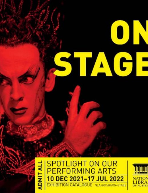 Book cover with red tinted image of actor Sir Robert Helpmann and yellow text reading "On Stage"