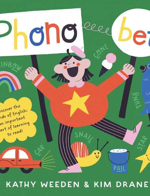 A green background with bright, child-like illustrations of a girl holding up two signs. The sign, in colourful text, together read 'Phonobet'. Other illustrations like a rainbow, car and snail, surround the girl. 