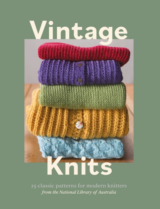 Vintage Knits book cover shows a stack of coloured knitted cardigan on a pale green background.