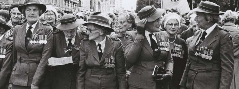 Photo of women marching for ANZAC day in Melbourne, 1986.