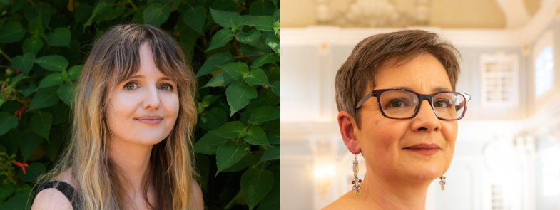 Collage of two headshots. On the left, a woman with brown and blonde hair, fair skin and a fringe standing in front of a hedge. On the right a woman with large glasses and a pixie cut smiling and standing in a bright, old fashioned looking room
