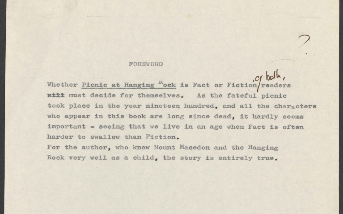 A yellowed typewritten page saying 'Foreword' and some hand written words saying 'or both?' next to fact or fiction.