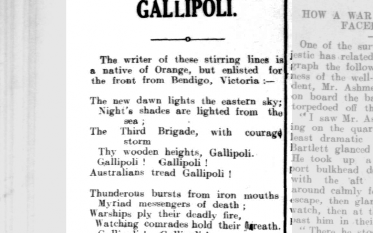 A newspaper clipping of a poem titled 'Gallipoli'.